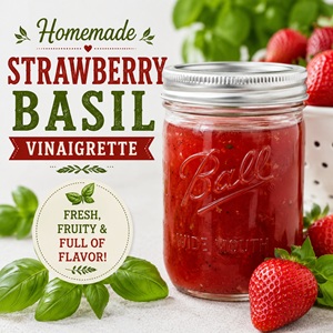 This homemade strawberry basil vinaigrette is sweet, tangy, and bursting with fresh summer flavor. Made with ripe strawberries and fresh basil, it's perfect for green salads, grilled chicken, and garden-to-table living. A delicious recipe for simple homemade living.