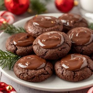 Andes mint cookies topped with melted chocolate and chopped mint candies on a holiday plate