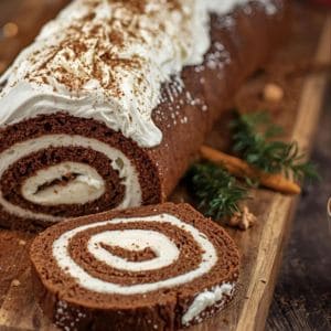 Gingerbread roll filled with cream cheese frosting and dusted with powdered sugar