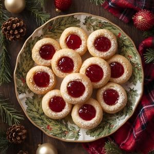Classic thumbprint cookies filled with red and green jam on a festive holiday plate