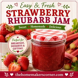 Learn how to make sweet homemade strawberry rhubarb jam with fresh strawberries and tart rhubarb for the perfect balance of flavor! Delicious on toast, biscuits, pancakes, desserts, or tucked into homemade gifts. Great for Simple Homemade Living, canning recipes, strawberry recipes, homemade pantry staples, and from-scratch cooking.
