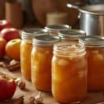 Jars of apple pie filling arranged beside a baked apple pie