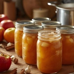 Jars of apple pie filling arranged beside a baked apple pie