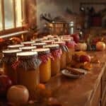 Homemade applesauce jars cooling on a kitchen towel with apples beside them