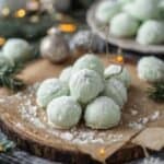 Stack of mint snowball cookies dusted with powdered sugar on a festive background