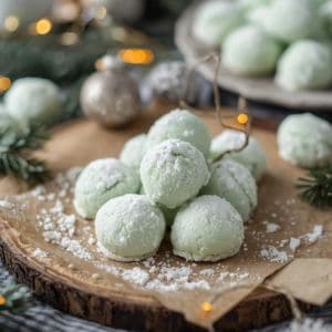 Stack of mint snowball cookies dusted with powdered sugar on a festive background