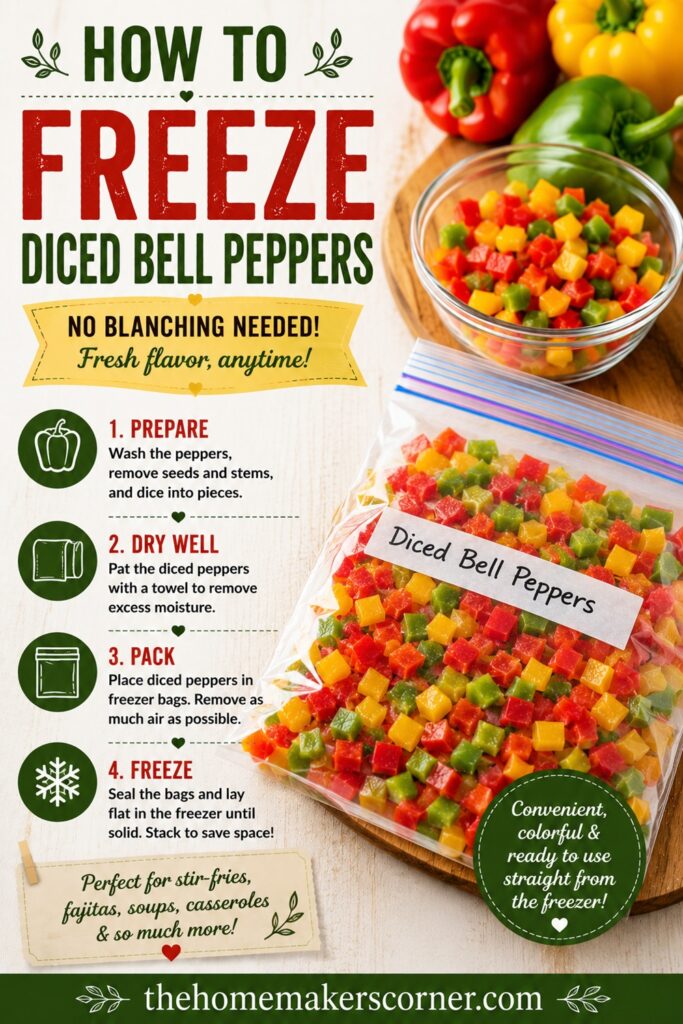 Save time in the kitchen by freezing diced bell peppers for quick meals all year long. This simple freezer method keeps peppers ready for chili, pasta, pizza, and more. A must-know tip for from scratch living, a well-stocked homemade pantry, and making the most of your garden harvest.