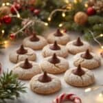 Close-up of peanut butter blossom cookies with chocolate Hershey’s Kisses