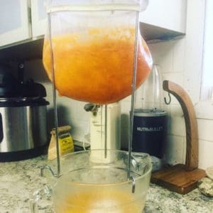 Straining apricots to make apricot jelly.