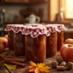 Apple butter in jars surrounded by cinnamon sticks and nutmeg
