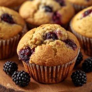 Freshly baked blackberry muffins with juicy berries on a rustic plate