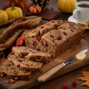 Loaf of cranberry nut bread cooling on a rack with autumn leaves nearby.
