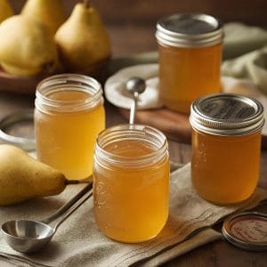 Pear jelly jars with gingham lids and a rustic fall backdrop