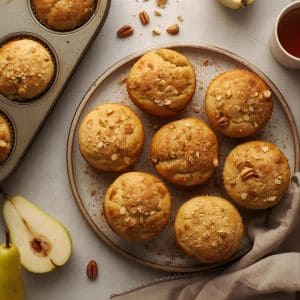 Freshly baked pear muffins on a rustic wooden table with cinnamon sticks