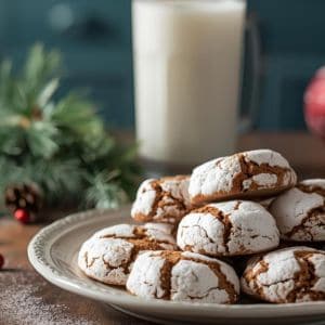 Gingerbread crinkle cookies arranged with candy canes and pine branches