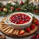 Holiday dessert table featuring cherry cheesecake dip with cookies and crackers for dipping