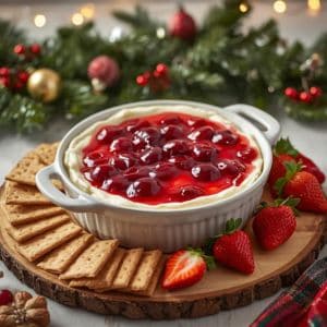 Holiday dessert table featuring cherry cheesecake dip with cookies and crackers for dipping
