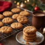 Classic crisscross peanut butter cookies on a wooden table