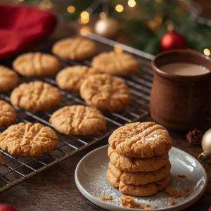 Classic crisscross peanut butter cookies on a wooden table