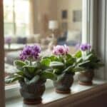 A gardener smiling while tending to her African violet collection on a sunny plant stand.