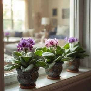 A gardener smiling while tending to her African violet collection on a sunny plant stand.