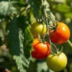 A heavy cluster of bright red cherry tomatoes hanging from a vine in a lush backyard garden.