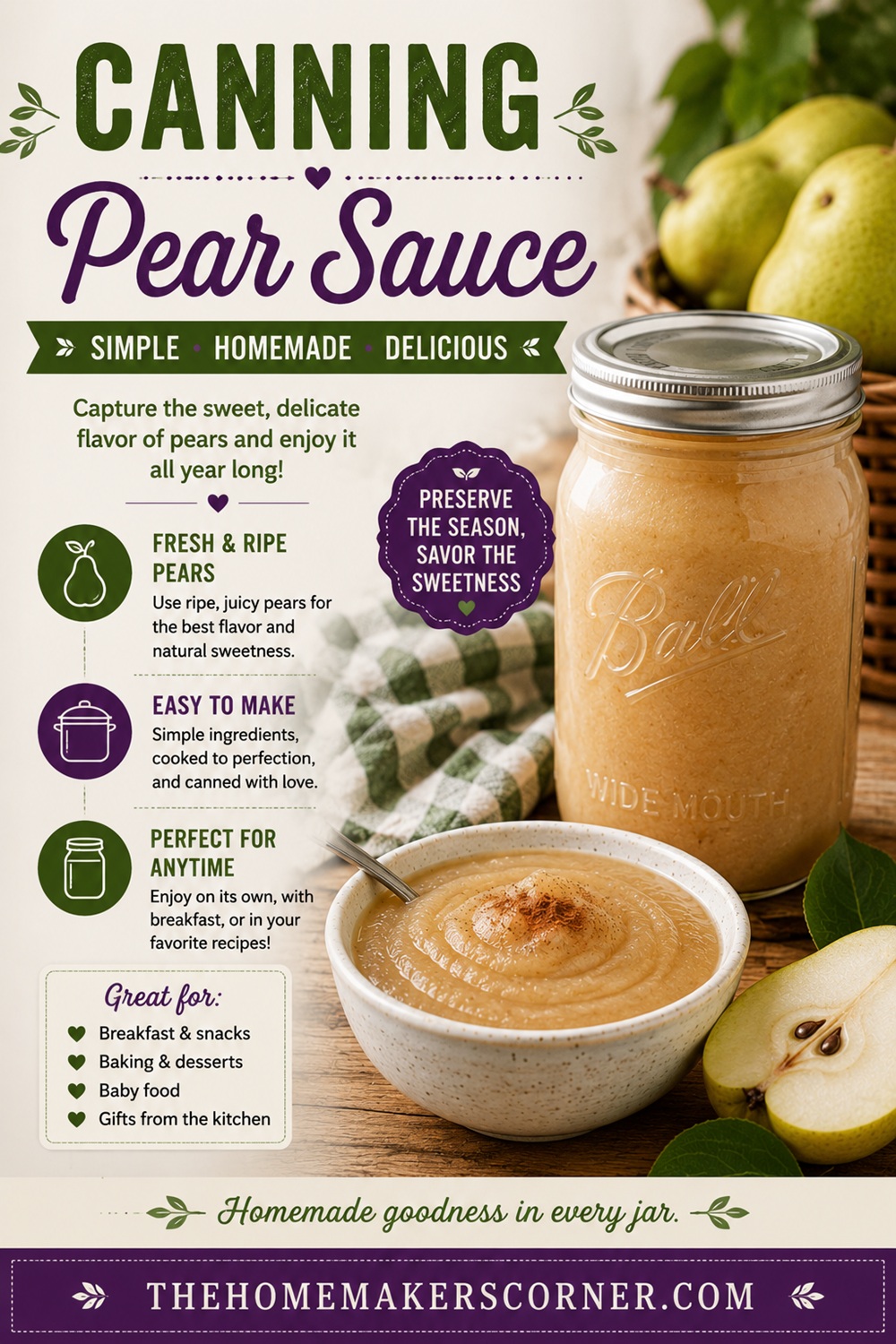 Preserve the sweet flavor of ripe pears with this easy pear sauce recipe. Learn how to safely can homemade pear sauce so you can enjoy fresh fruit all year long. Perfect for fans of from scratch living, canning, preserving the harvest, and delicious pear recipes.