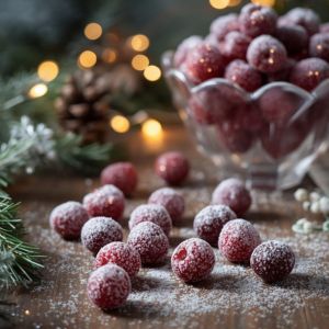 Homemade frosted cranberries cooling on a wire rack after being coated in sugar
