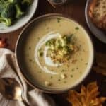 Creamy broccoli soup with a swirl of heavy cream and fresh herbs on top