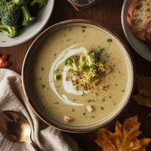 Creamy broccoli soup with a swirl of heavy cream and fresh herbs on top