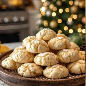Lemon crinkle cookies sprinkled with powdered sugar and surrounded by festive decorations