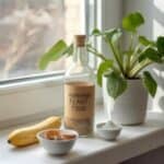 Watering can filled with homemade plant food beside potted herbs