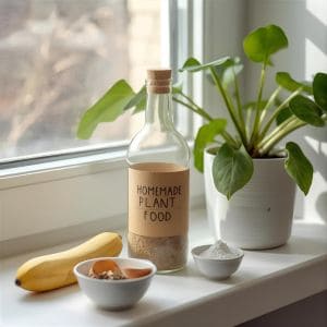 Watering can filled with homemade plant food beside potted herbs