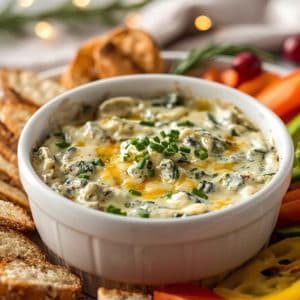 Close-up of creamy spinach artichoke dip with melted mozzarella on top