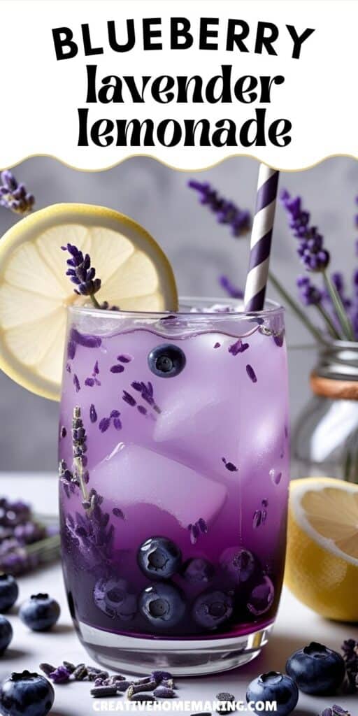 A tall glass filled with a vibrant, deep purple blueberry lavender lemonade, garnished with fresh blueberries, a lemon slice, and a sprig of lavender.