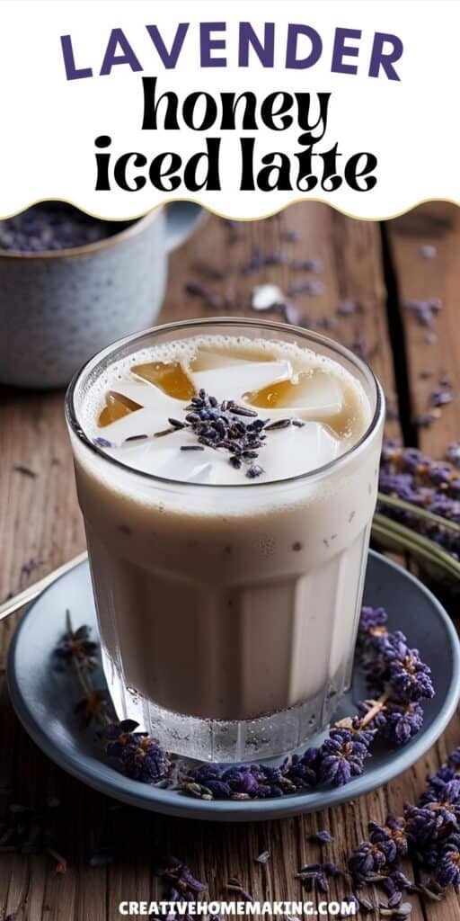 A chilled glass of iced latte with creamy milk swirling into dark espresso, topped with a drizzle of honey and a sprinkle of dried lavender buds.