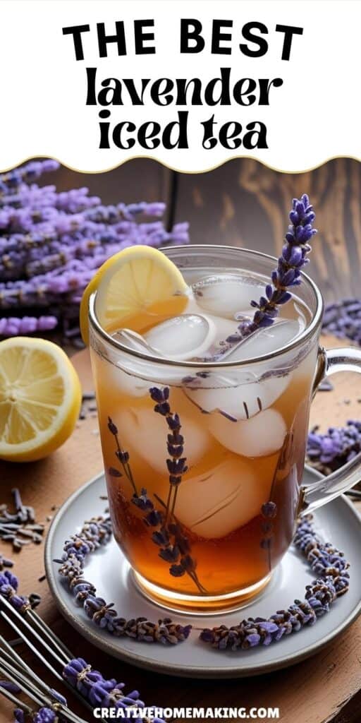 A refreshing glass of lavender iced tea filled with ice, garnished with a fresh lemon slice and a sprig of purple lavender blossoms.