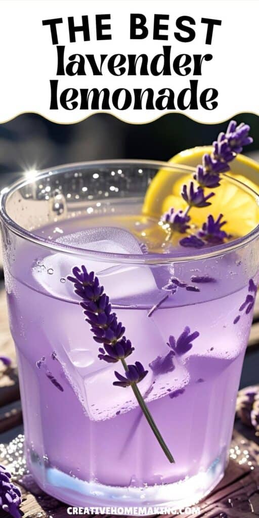 A tall, frosted glass of pale purple lavender lemonade garnished with a fresh lemon slice and a sprig of dried lavender.