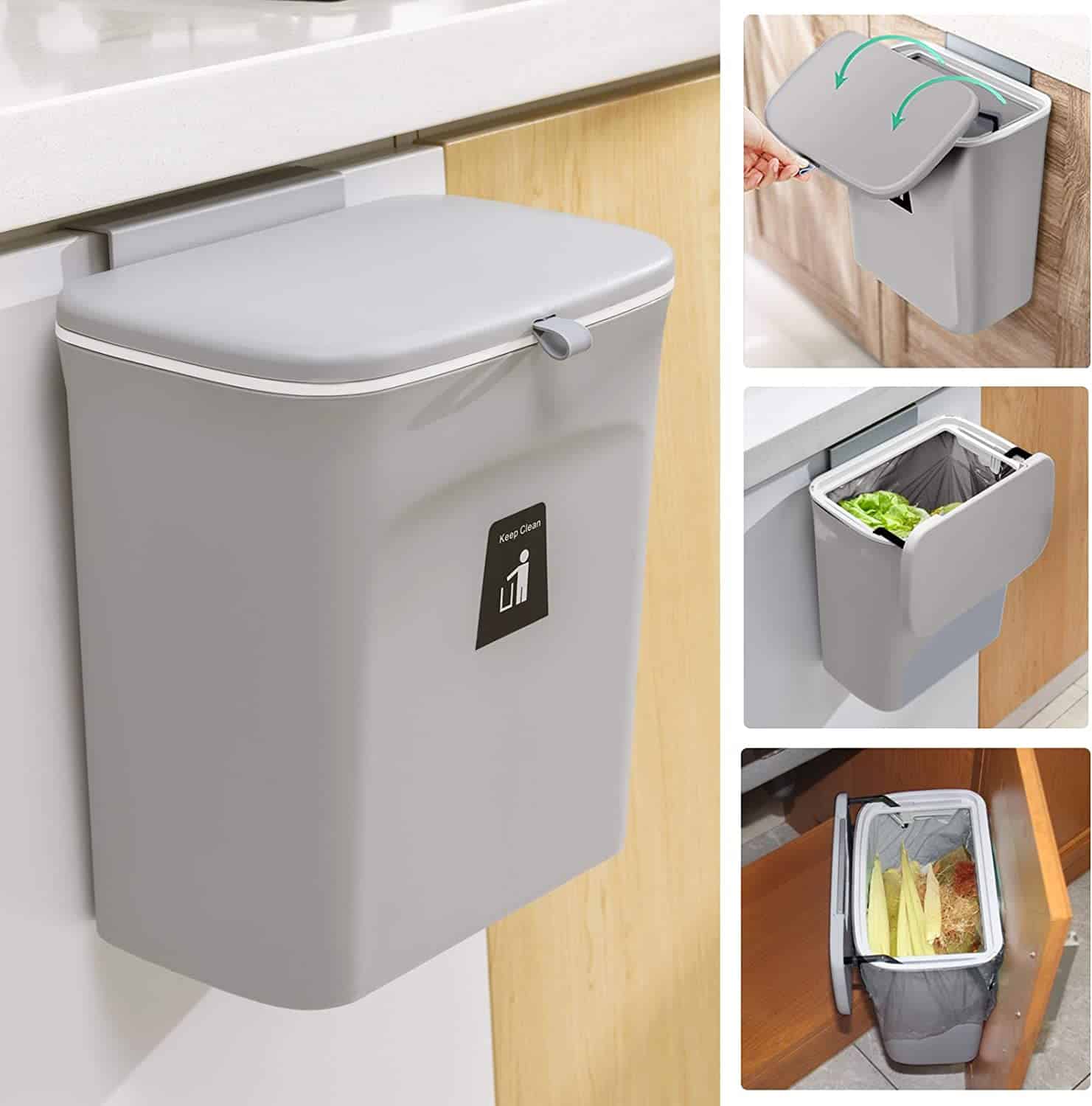 2.4 Gallon Kitchen Compost Bin for Counter Top or Under Sink, Hanging Small Trash Can with Lid