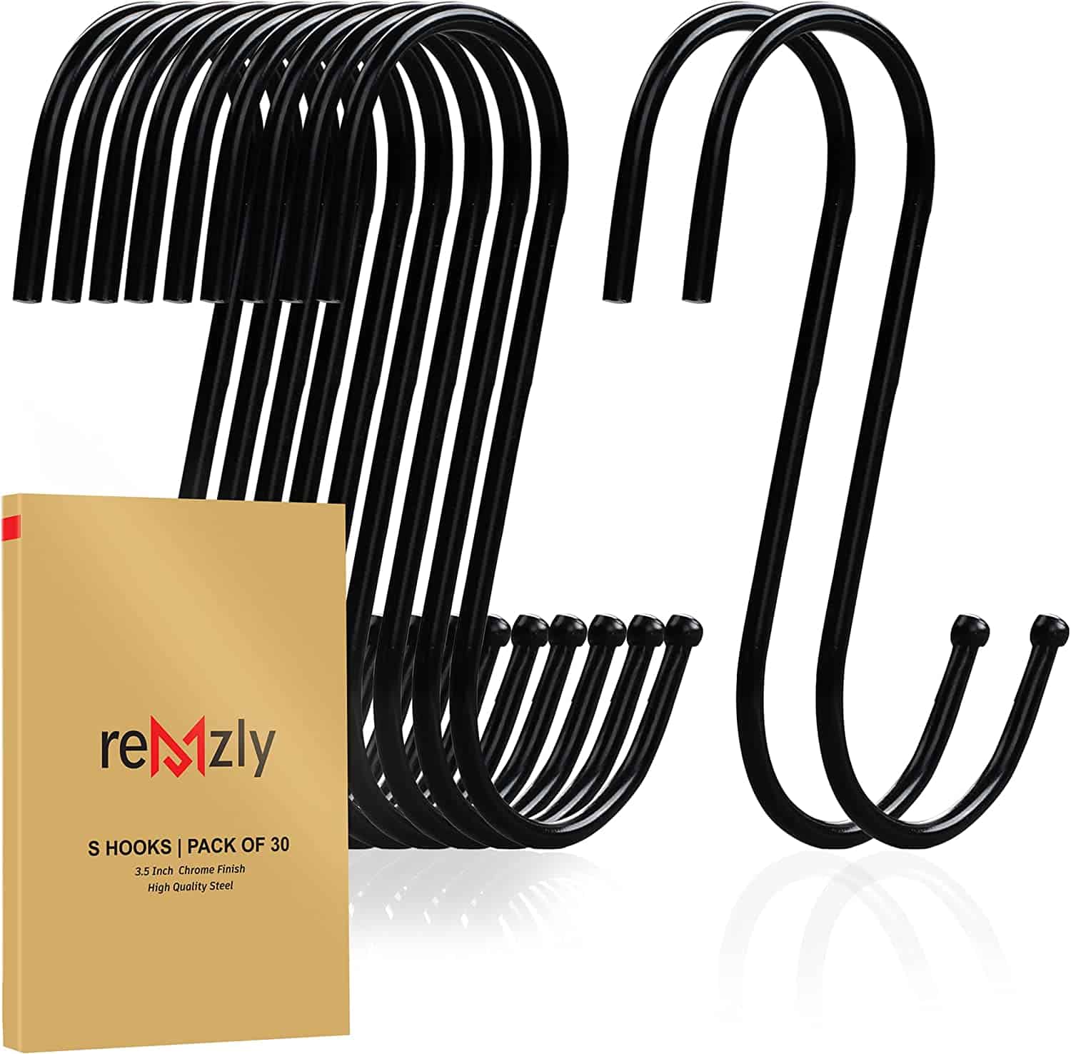 30 Pack S Hooks for Hanging 3.5 Inch | Heavy Duty Carbon Steel Hangers for Kitchen Utensils, Plants, Pot, Pan, Cups, Towels – Black