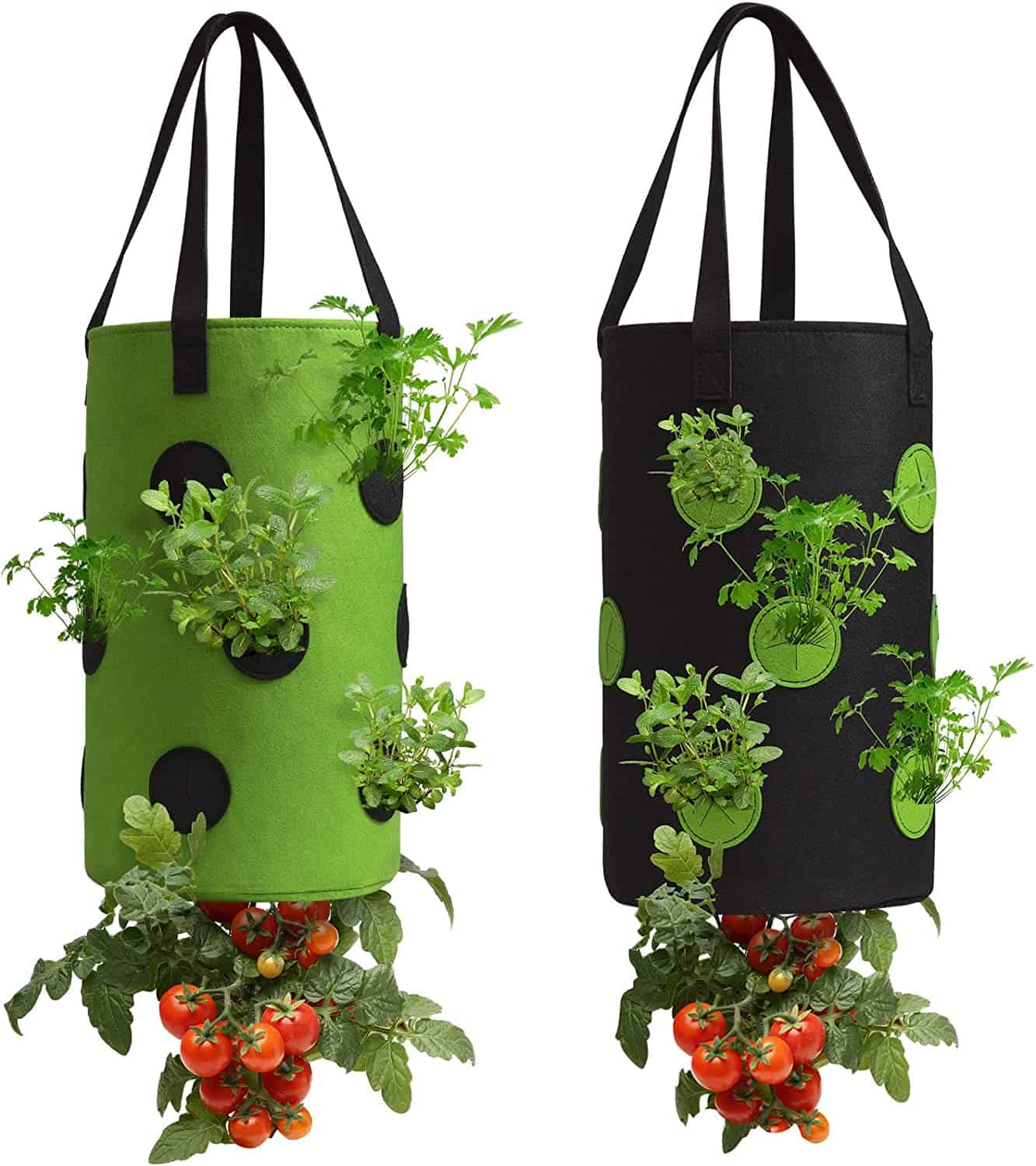 2 Pack Black and Green Upside Down Tomato & Herb Planter, Hanging Durable Aeration Fabric Strawberry Planter Bags