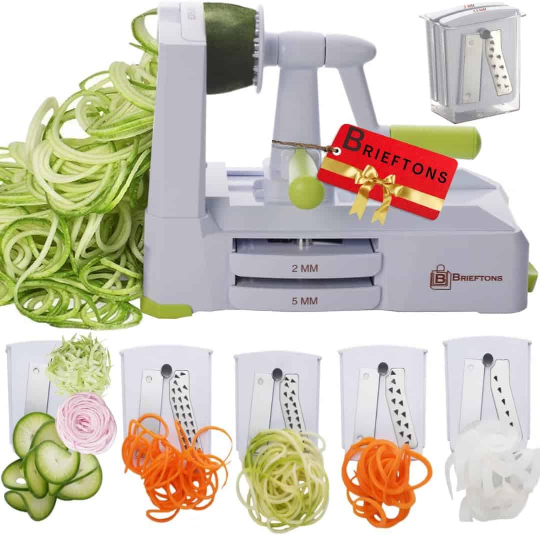 5-Blade Vegetable Spiralizer: Strongest-Heaviest Spiral Slicer, Best Veggie Pasta Spaghetti Maker for Low Carb/Paleo/Gluten-Free/Vegan Meals, With Extra Blade Caddy