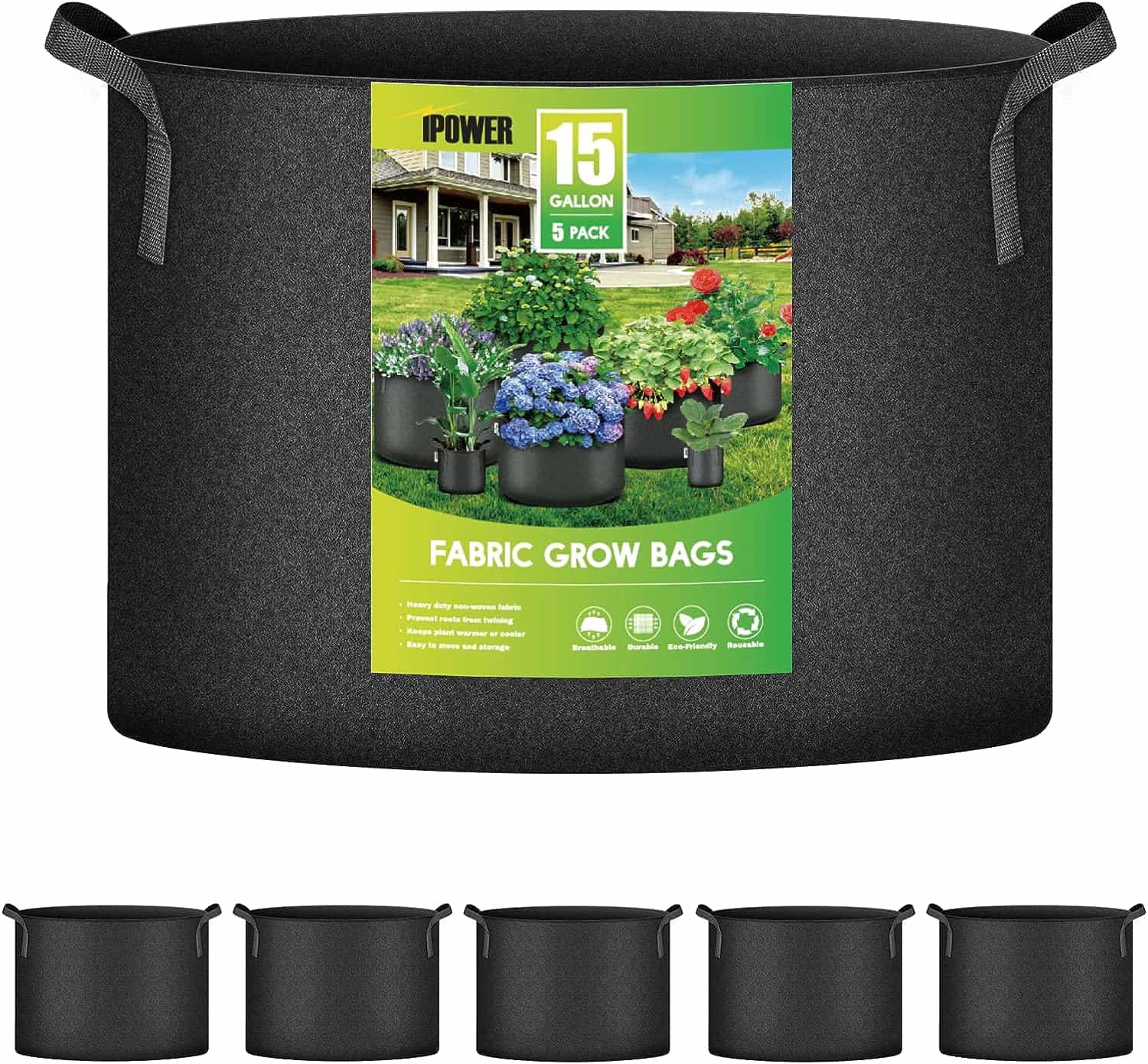 5-Pack 15 Gallon Plant Grow Bags Thickened Nonwoven Aeration Fabric Pots Heavy Duty Durable Container, Strap Handles for Garden, Black