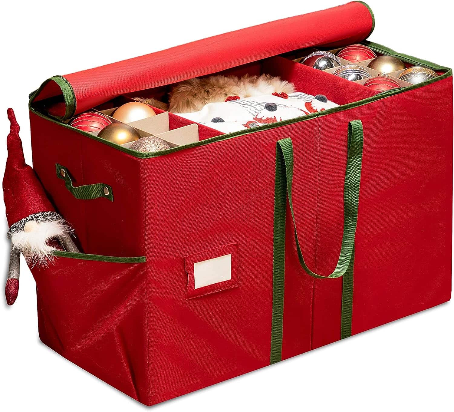 Christmas Ornament Storage Box - Stores 80 Ornaments W/Dividers - Christmas Ornament, Figurines, and Accessory Storage Containers - Side Pocket, Card Slot, Durable - Red