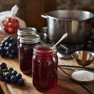 Grape jelly jars with fresh grapes on a rustic wooden table