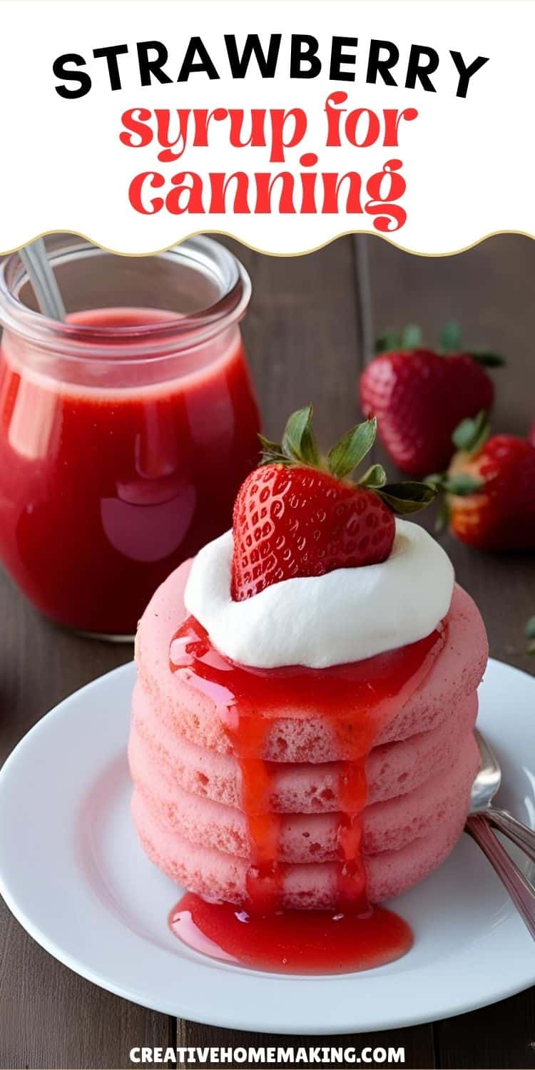 Homemade Strawberry Syrup Recipe: Perfect for Canning! Jar of homemade strawberry syrup with fresh strawberries and pancakes in the background