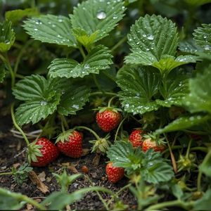 Close up of a healthy, bushy strawberry plant with its runners removed, looking neat and organized in a garden row.