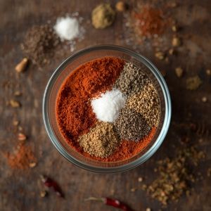 Spiced ground beef cooking in a skillet, seasoned with a vibrant red homemade spice blend.