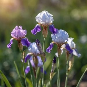 A beautiful purple iris flower in full bloom next to a healthy, upright green plant.