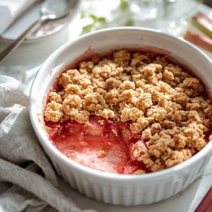 Rhubarb crisp served warm with spoon for brunch
